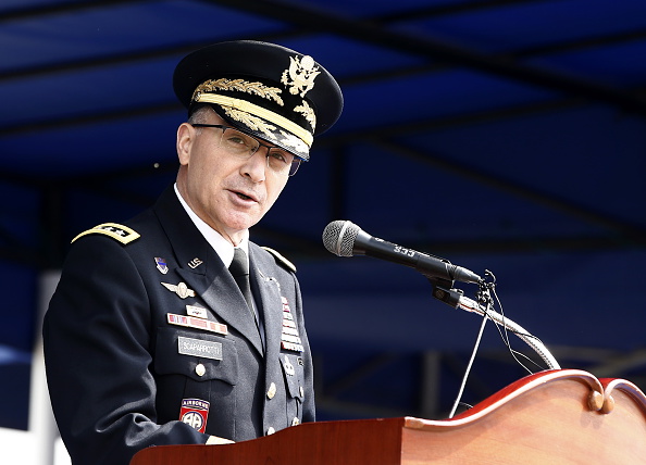 United Nations Commander Gen. Curtis M. Scaparrotti speaks during a joint repatriation ceremony of United Nations Command and South Korean soldiers killed inside North Korea during the 1950-53 Korean War, during a joint repatriation ceremony at Knight Field at Yongsan garrison in Seoul on April 28, 2016. 
 