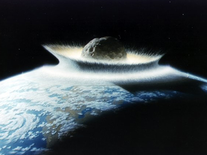 Artist's rendering of a large asteroid slamming into Earth.