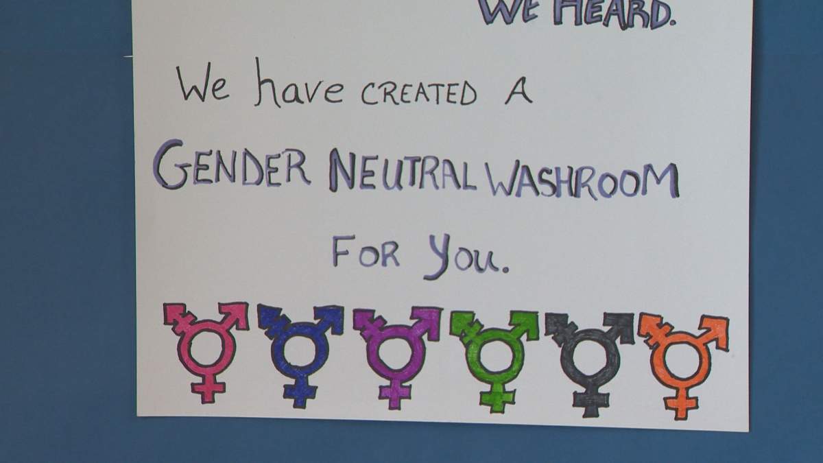 A sign at Westmount High School unveiling the gender-neutral bathroom, Wednesday, May 4, 2016.