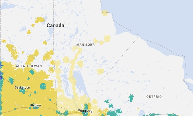 Bell wireless coverage in Manitoba, which includes 4G LTE, 4G HSPA+ and extended.