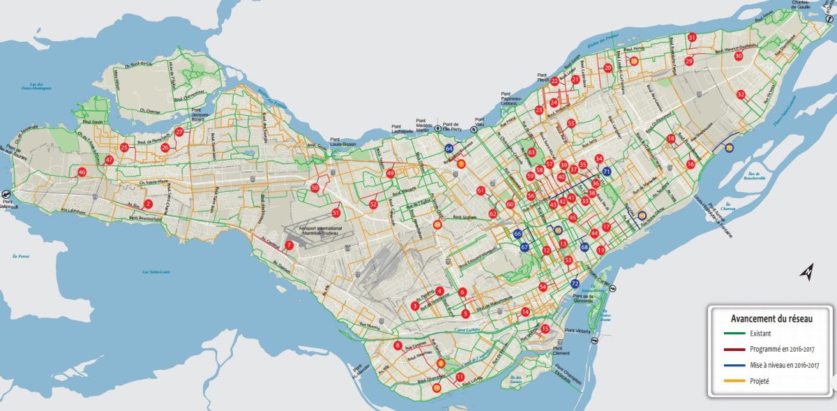A map of the new projects underway for Montreal's bike path network in the 2016-2017 season.