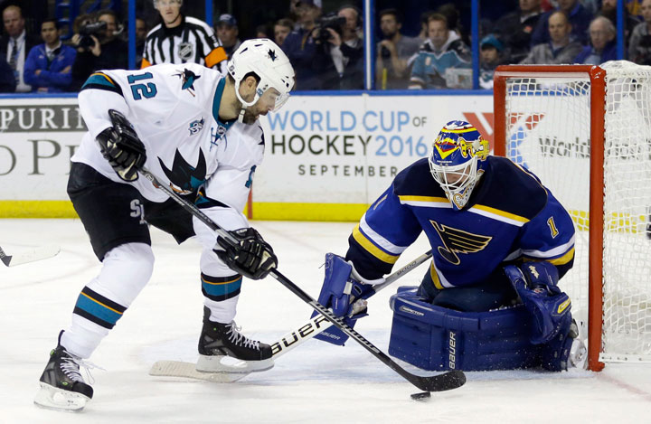 San Jose Sharks center Patrick Marleau (12) tries to take a shot against St. Louis Blues goalie Brian Elliott (1) during the third period in Game 2 of the NHL hockey Stanley Cup Western Conference finals, Tuesday, May 17, 2016, in St. Louis.