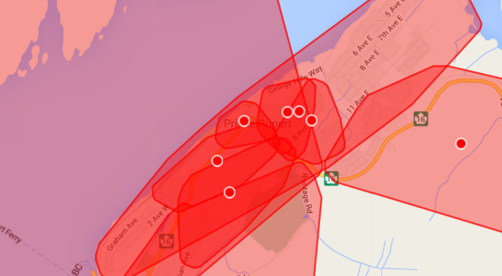 A BC Hydro map showing power outages in Prince Rupert on May 14, 2016.
