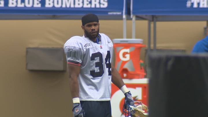 Winnipeg Blue Bombers running back Carlos Anderson takes a break between drills on Thursday at rookie camp.