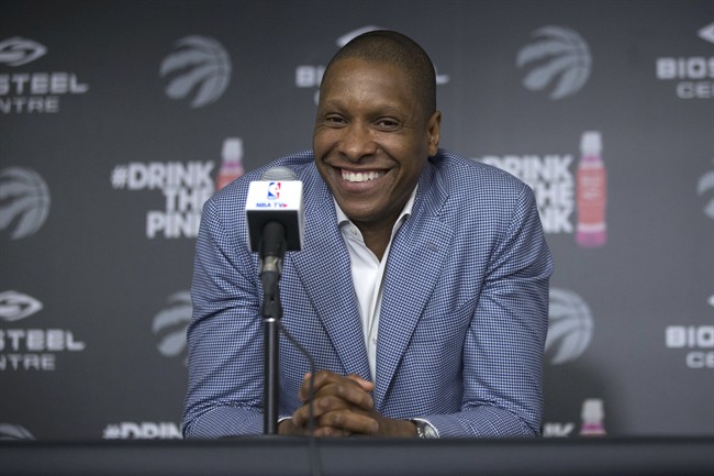 Toronto Raptors' General Manager Masai Ujiri attends a season-end news conference in Toronto on Monday May 30, 2016.