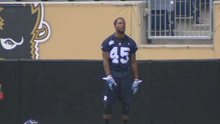 Defensive back C.J. Wilson prepares to start practice on the third day of Blue Bombers rookie camp.