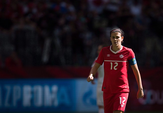 Canada's Christine Sinclair looks on during first half of the FIFA Women's World Cup round of 16 soccer action in Vancouver on June 21, 2015.