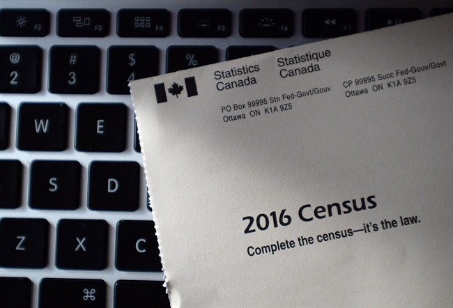 A Statistics Canada 2016 Census sits on the keyboard of a computer after arriving in the mail at a home in Ottawa in a May 2, 2016, file photo.
