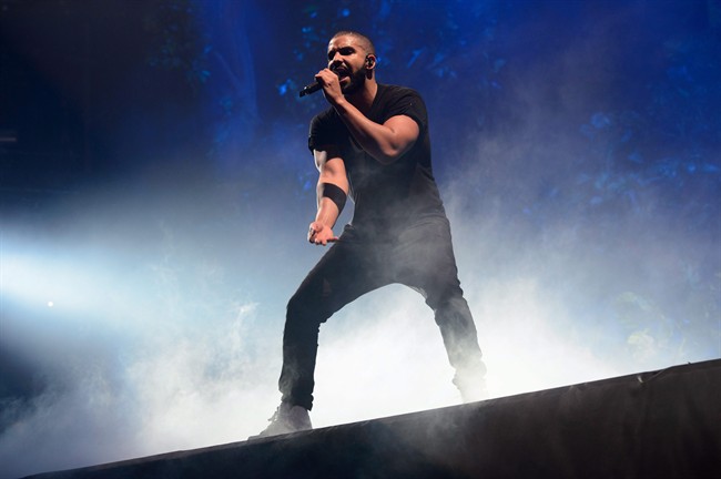 Canadian singer Drake performs on the main stage at Wireless festival in Finsbury Park, London, Sunday, June 27, 2015.