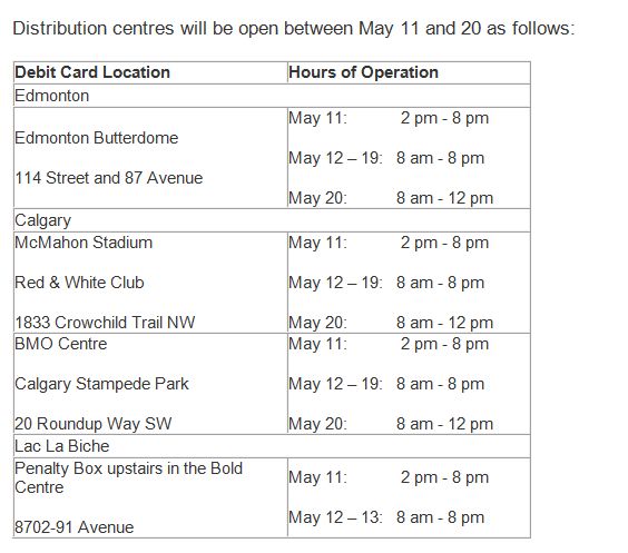 Distribution centres for pre-loaded debit cards from the Alberta government will be set up for Fort McMurray wildfire evacuees at the following locations.