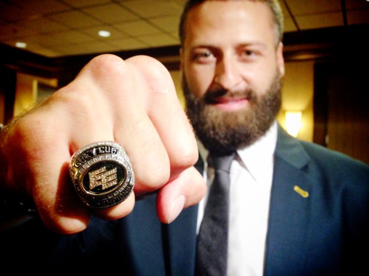 Edmonton Eskimos quarterback Mike Reilly shows off his 2015 Grey Cup ring Friday, May 27, 2016.