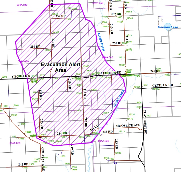 Evacuation alert area in Cecil Lake.