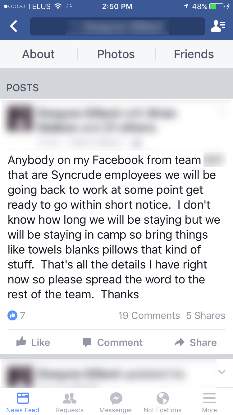 A Facebook post that a woman said she received from her team leader at Syncrude.