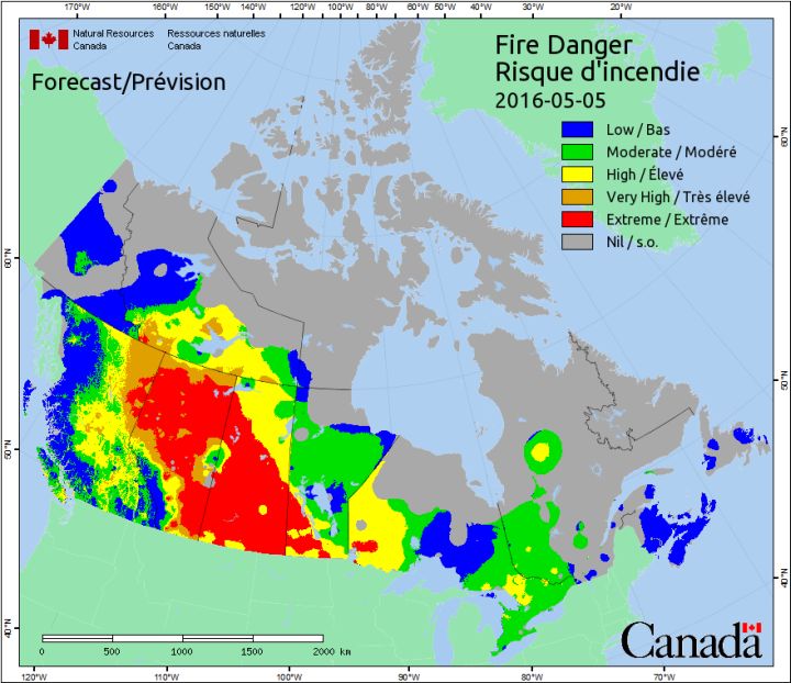 The fire hazard map of Canada as of May 5, 2016.