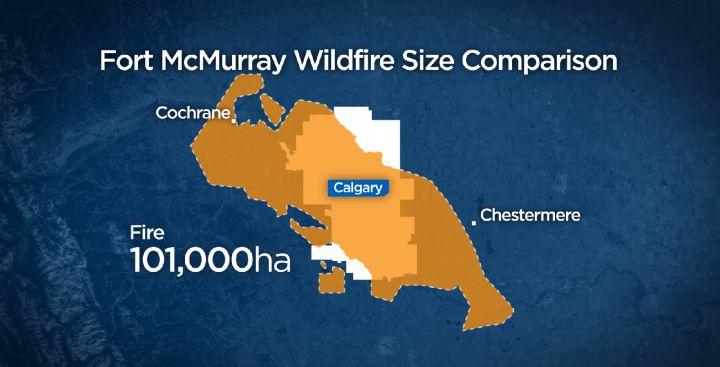 Size of fire in Fort McMurray compared to Calgary as of May 6.