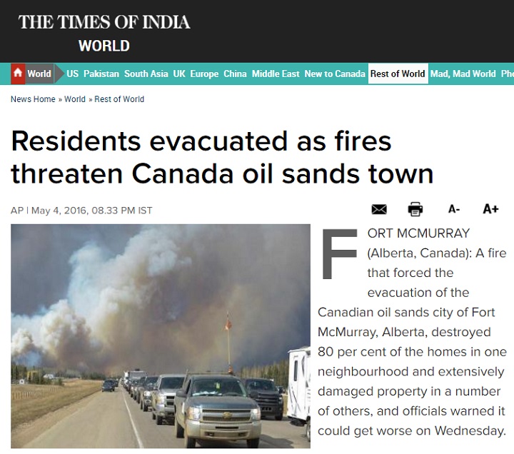 The Times of India's coverage of the Fort McMurray wildfires.