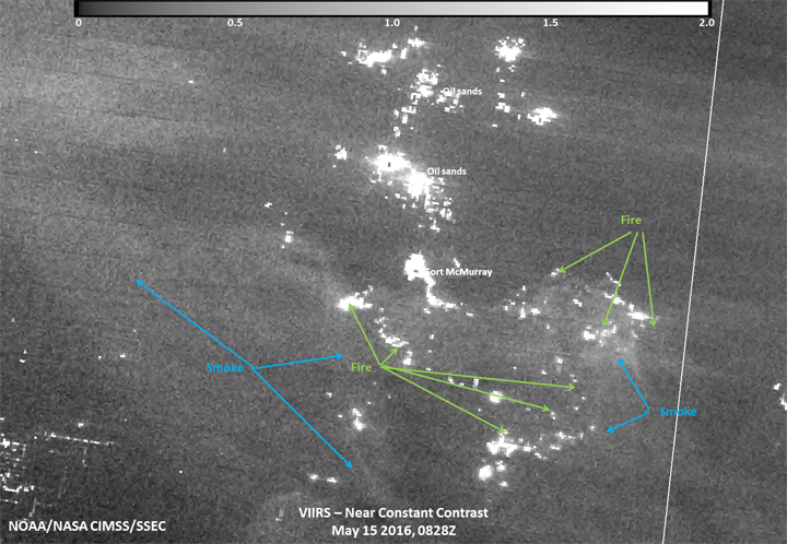 NASA's Suomi NPP satellite took this image of the Fort McMurray fires and nearby area with the VIIRS instrument in the early morning hours of May 15, 2016. The image shows both the fire and the smoke in contrast.