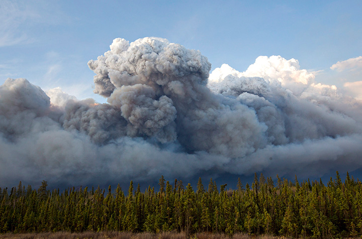 Smoke rises above trees as a wildfire burns in Fort McMurray, Alta., on Wednesday May 4, 2016. 