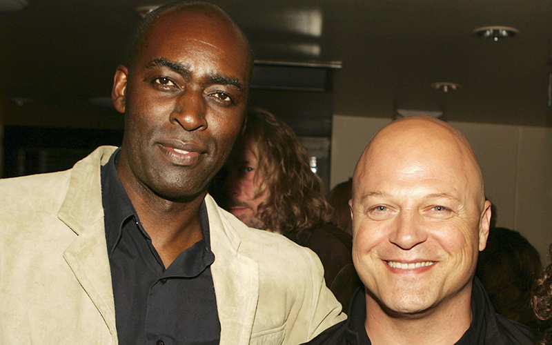 Actors Michael Jace (L) and Michael Chiklis pose at the afterparty for the 4th season screening premiere of FX's "The Shield" at Meson G Resturaunt on March 12, 2005 in Los Angeles, California.