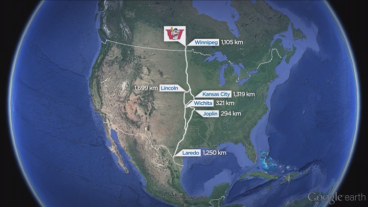 Map of the Winnipeg Goldeyes opening road trip.