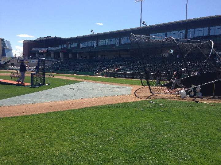 The Winnipeg Goldeyes take batting practice on the opening day of training camp.