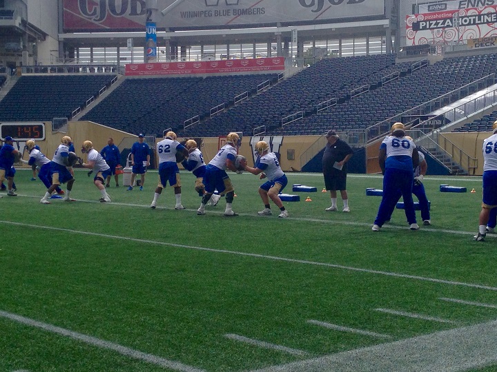 Players were put through several drills during the opening day of Winnipeg Blue Bombers training camp at Investors Group Field.
