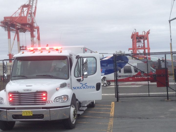 A LifeFlight helicopter is seen dropping off a patient in Point Pleasant Park in Halifax, who was then transported to hospital in an ambulance.