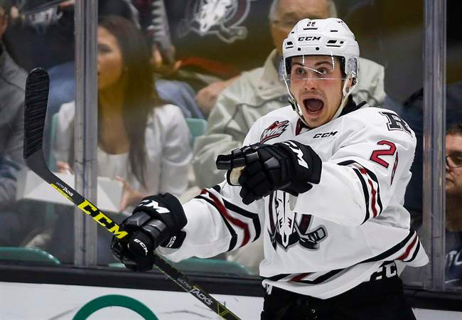 Red Deer Rebels' Adam Helewka celebrates his goal during second period CHL Memorial Cup hockey action against the Rouyn-Noranda Huskies in Red Deer, Alta., Sunday, May 22, 2016.