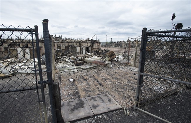 The burned out remains of a home in the Abasands neighbourhood is seen during a media tour of the fire-damaged city of Fort McMurray, Alta., on Monday, May 9, 2016.