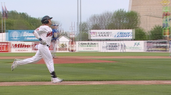 Winnipeg Goldeyes' outfielder Josh Romanski circles the bases after his fourth inning home run on Monday.
