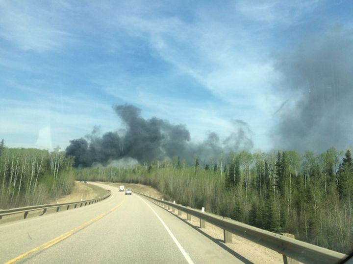 A fiery crash is seen on Highway 881 between Lac La Biche and Conklin on May 4, 2016.