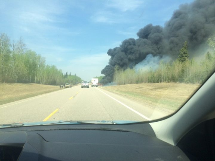 A fiery crash is seen on Highway 881 between Lac La Biche and Conklin on May 4, 2016.