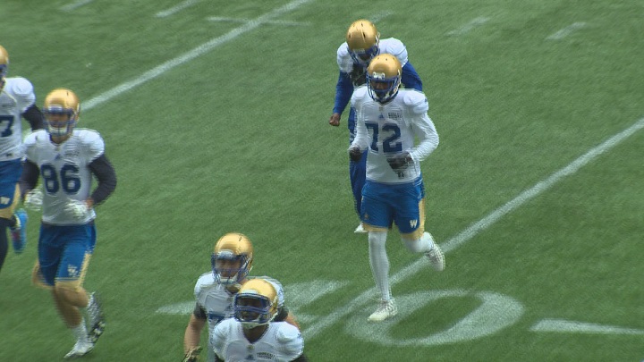 Receiver Lestar Jean takes part in Blue Bombers training camp on Tuesday.