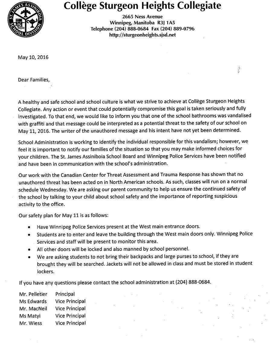 Letter written to students and families from school administration Wednesday.