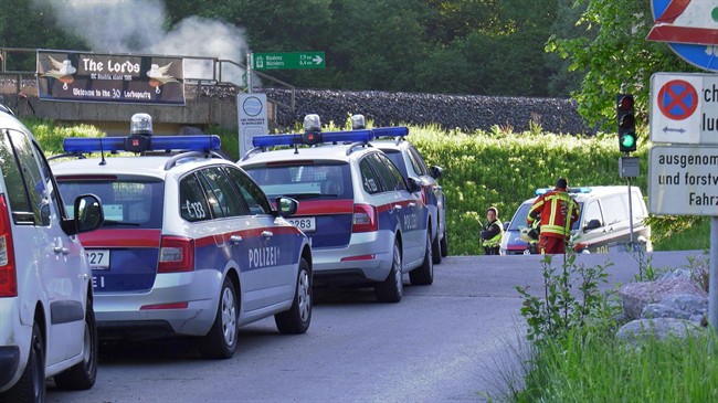 This image made from TV shows police attending the scene of a shooting near Nenzing, Austria, Sunday May 22, 2016.