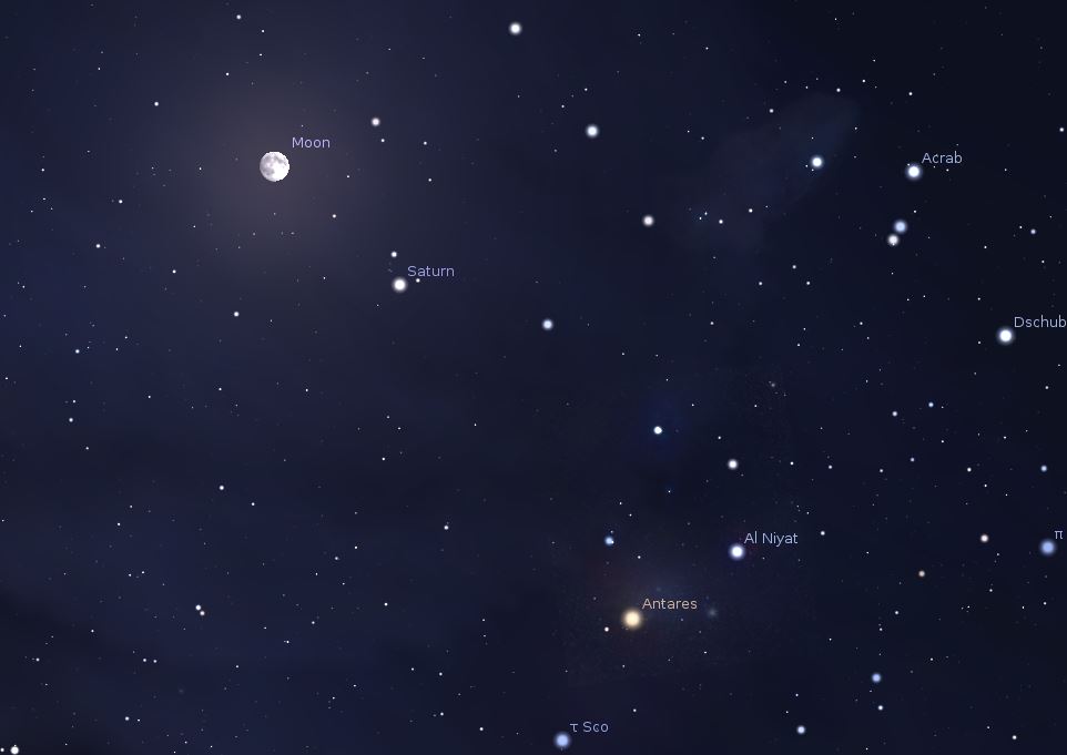 Saturn, the moon and the red supergiant star Antares will all line up for a lovely sight on the night of June 18.
