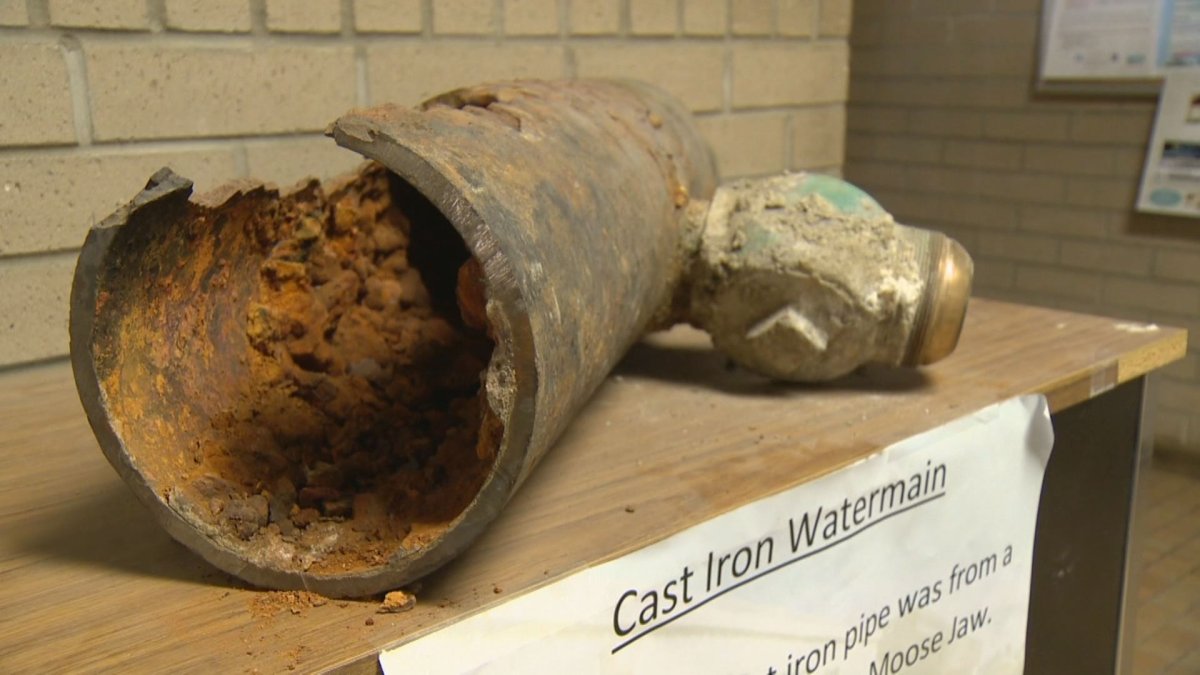 A rusted cast iron water main sits in Moose Jaw City Hall. Eighty kilometres worth of these are between 60 and 110 years old and need to be replaced.