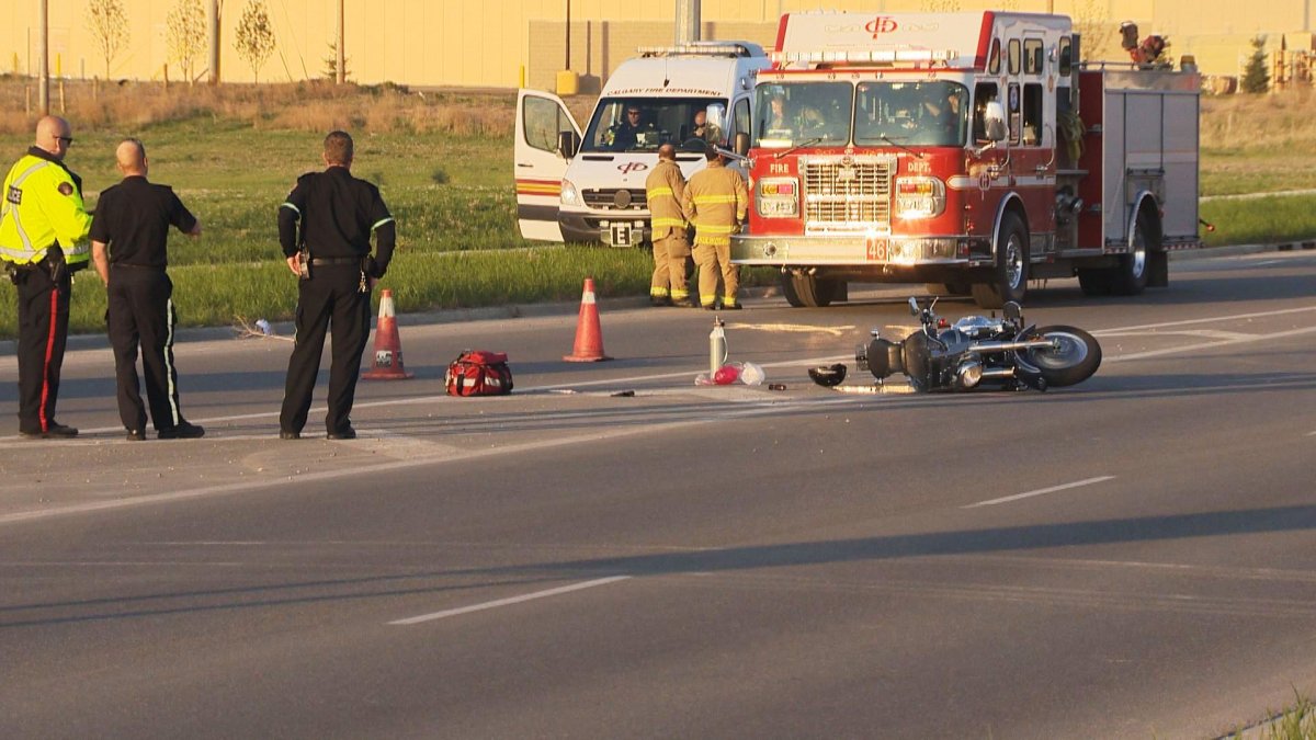 Emergency crews respond to a motorcycle crash on Stoney Trail S.E. on Sunday, May 15, 2016. 