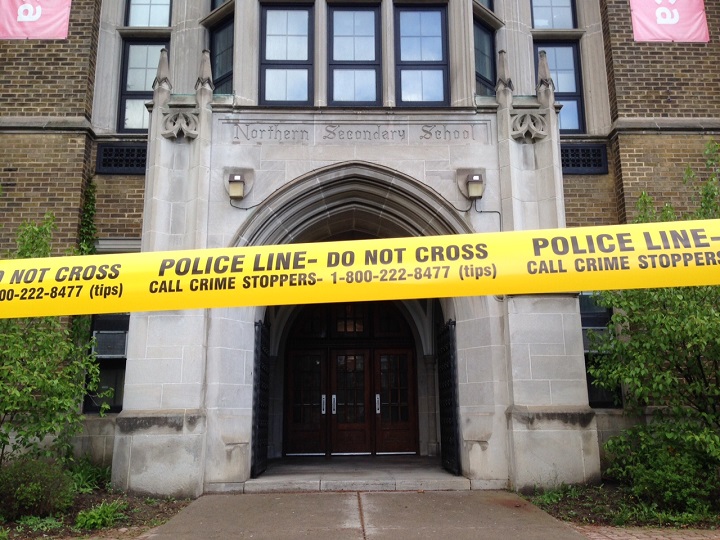 Northern Secondary School is taped off while police investigate a possible security threat May 13, 2016.