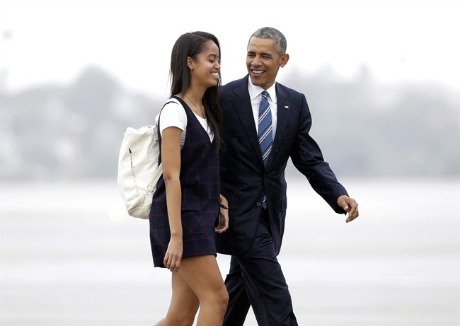 In this April 8, 2016, file photo, President Barack Obama and his daughter Malia walk from Marine One toward Air Force One at Los Angeles International Airport. Malia is taking a year off after graduating from high school before attending Harvard University as part of an expanding program for students known as a "gap year.".