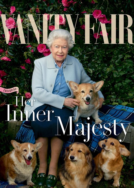 The queen is pictured on the cover of Vanity Fair surrounded by her furry gang of corgis.