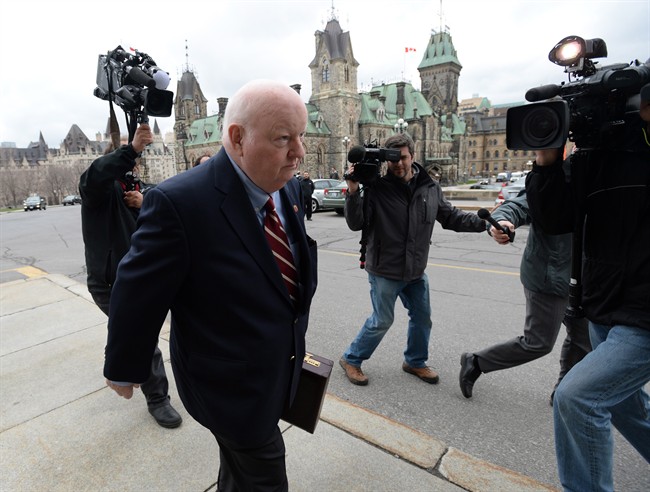 Senator Mike Duffy returns to Parliament Hill in Ottawa on Monday, May 2, 2016. 
