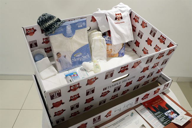 Displayed is baby box at Temple University Hospital in Philadelphia on Friday, May 6, 2016. In an effort to reduce infant mortality the boxes which are functioning bassinets complete with a sheet and mattress as well as essential baby supplies will be given free-of-charge to all mothers who deliver at the hospital. 
