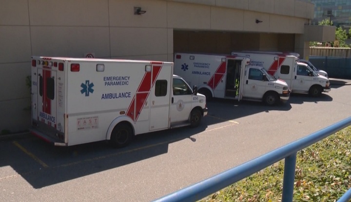 Ambulances were parked at Royal Columbian Hospital waiting for patient beds to become available.