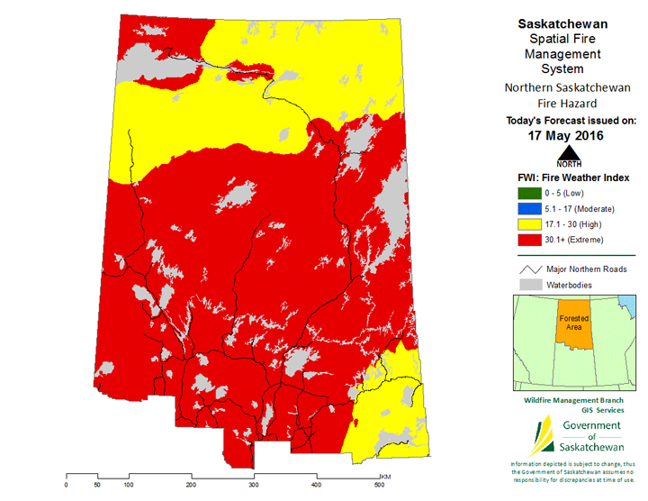Fire risk map for northern Saskatchewan on May 17, 2016. The provincial government has expanded an open fire ban in northern Saskatchewan.