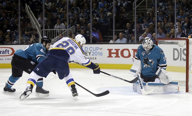 San Jose Sharks goalie Martin Jones, right, stops a shot from St. Louis Blues' Kyle Brodziak (28) during the second period in Game 3 of the NHL hockey Stanley Cup Western Conference finals Thursday, May 19, 2016, in San Jose, Calif. (AP Photo/Marcio Jose Sanchez).
