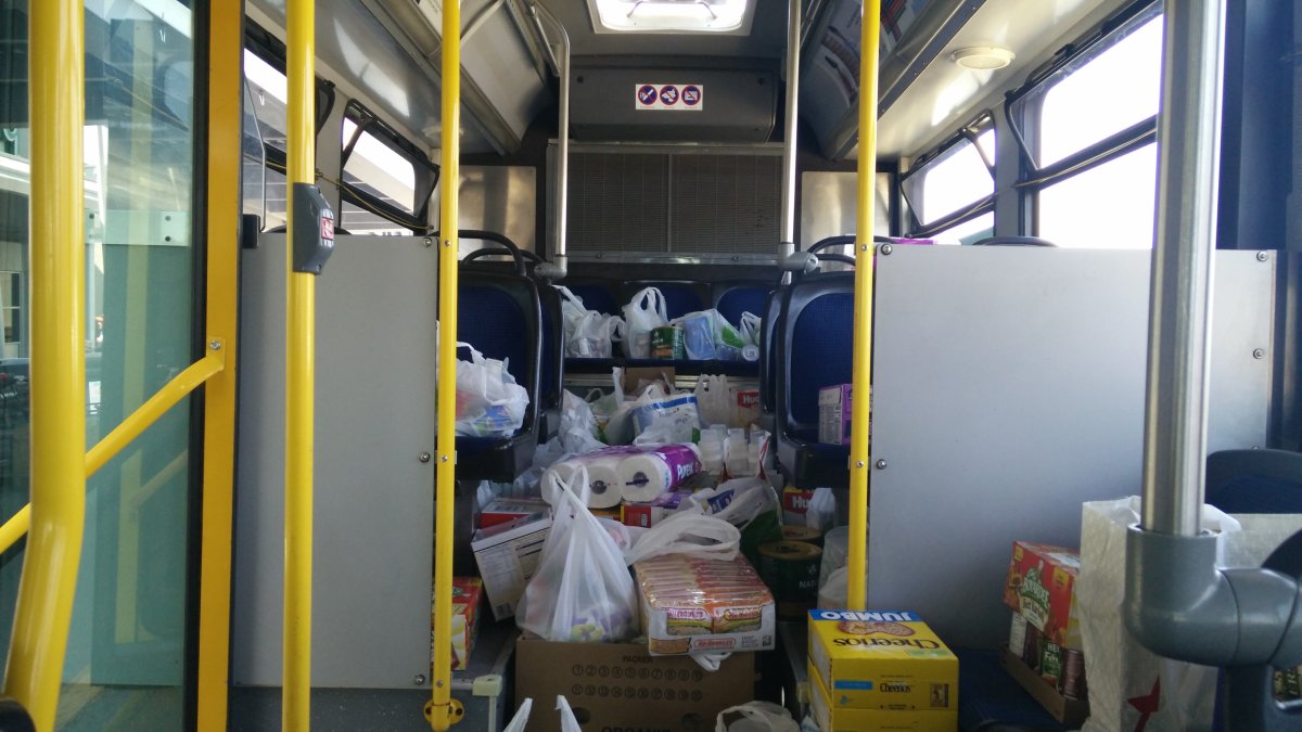 A special Edmonton Transit Stuff a Bus campaign raised 14,765 kilograms of non-perishable foods and non-food items for Edmonton's Food Bank and Fort McMurray wildfire evacuees. May 14, 2016.