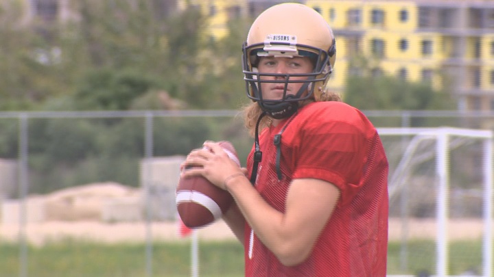 Quarterback Theo Deezar takes part in Manitoba Bisons practice.