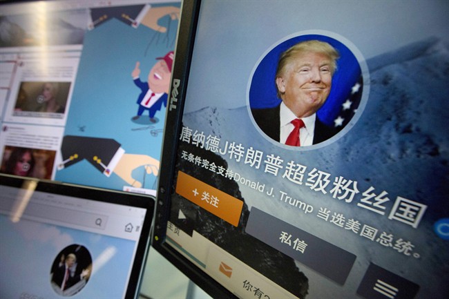 In this May 18, 2016 photo, Chinese fan websites for Donald Trump are displayed on a computer with the words "Donald J. Trump super fan nation, Full and unconditional support for Donald J. Trump to be elected U.S. president" in Beijing, China.