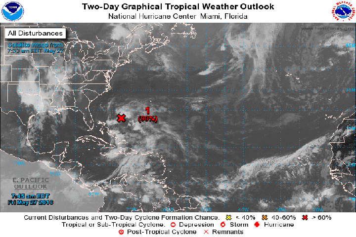 The location of a tropical disturbance that could form into a tropical or subtropical storm by Saturday, May 28, 2016.